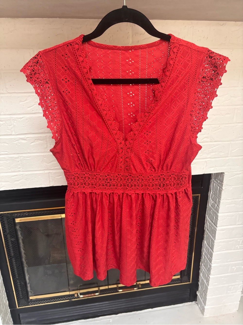 Red Eyelet Lace V-Neck Women’s Top